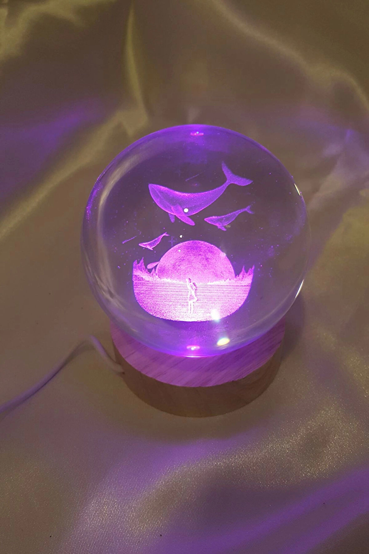 Yunus  3D Led Işık Cam Küre Tek Renk Gece Lambası Mega Boy
