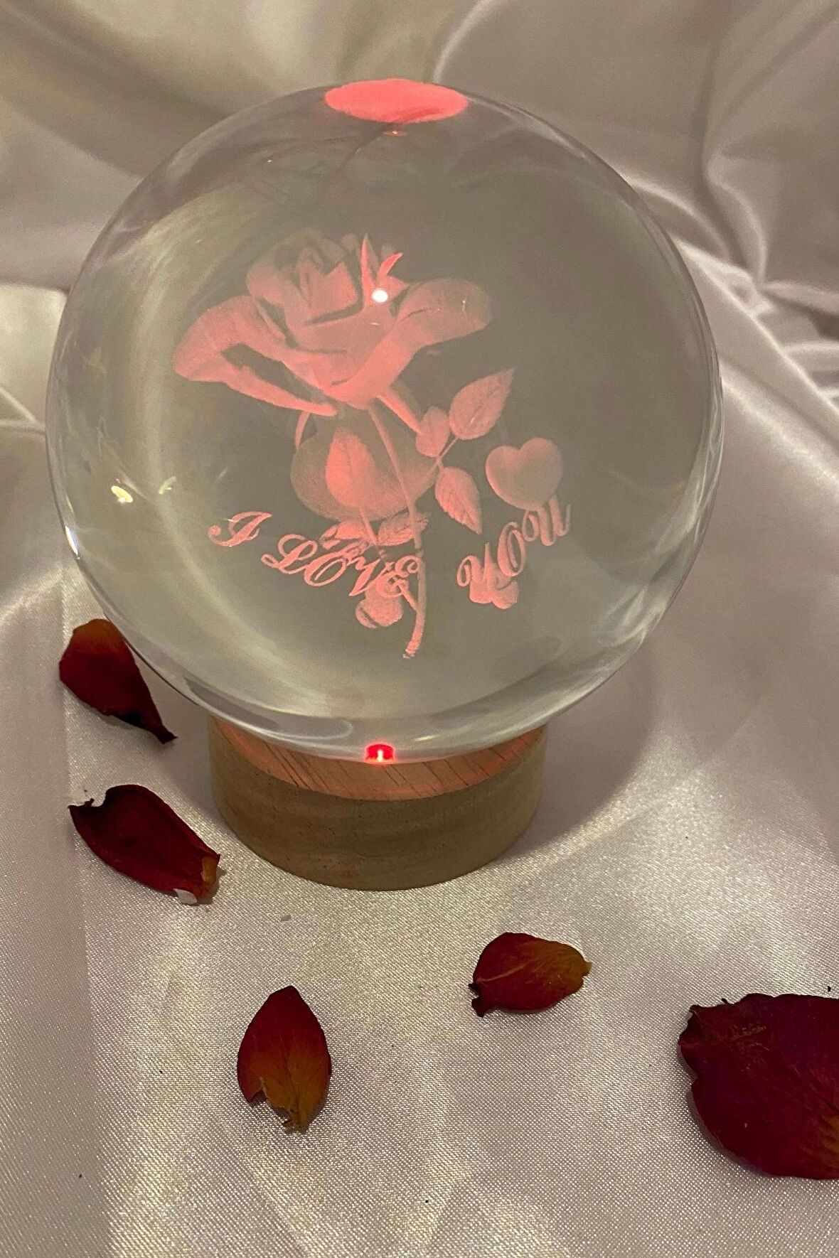 3D Led Işık Cam Küre Çok Işıklı Ahşap Gül I Love You Büyük Boy 10 cm