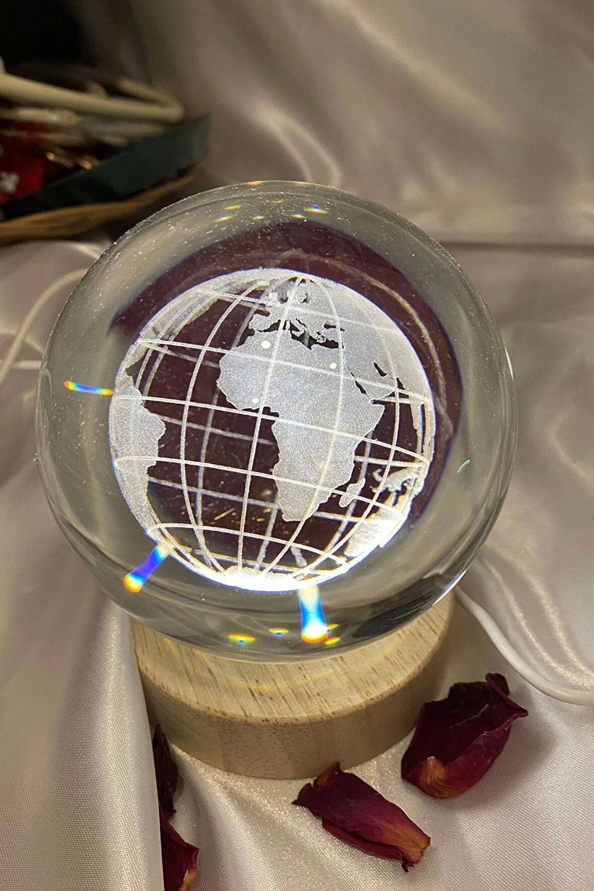 3D Led Işık Cam Küre Tek Renk Ahşap Dünya Büyük Boy 10 cm