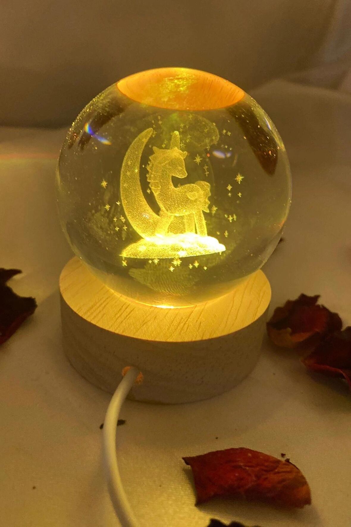 3D Led Işık Cam Küre Çok Işıklı Ahşap Unicorn 6 cm