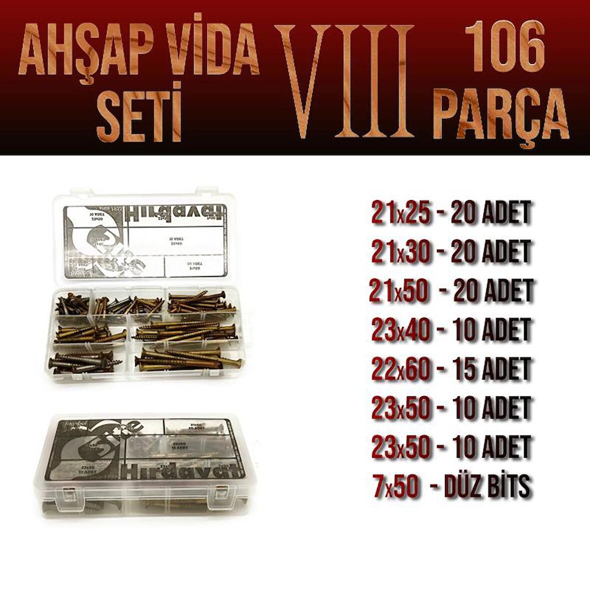 Ahşap Vida Seti VIII - 106 Parça Vida Pul Ve Bits Uç