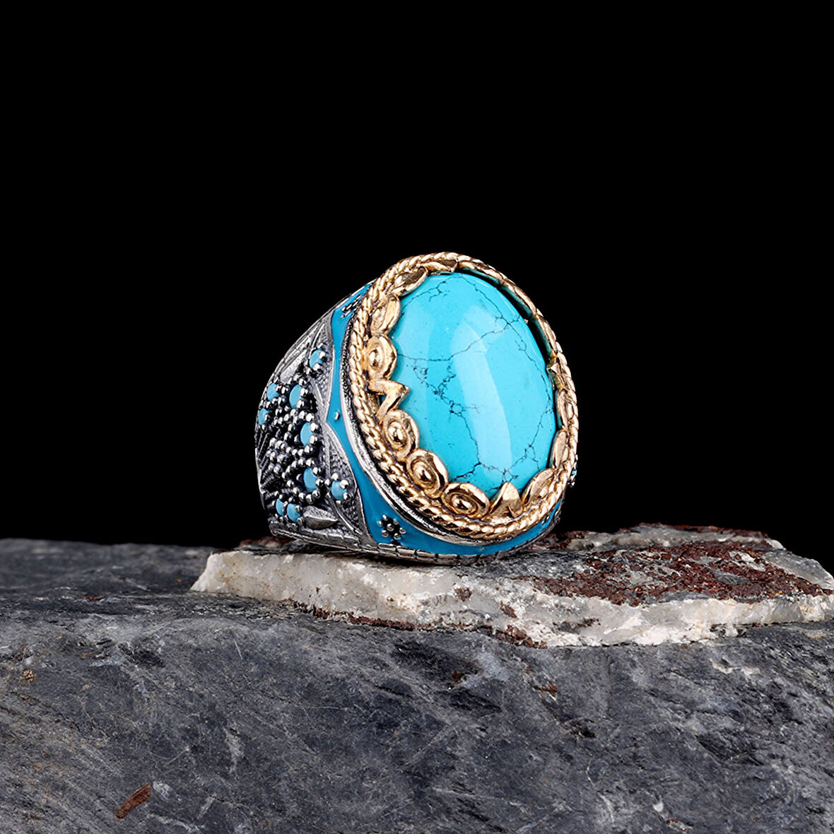 925 Ayar Erkek Mineli Mikro Taş İşlemeli Gümüş Yüzük