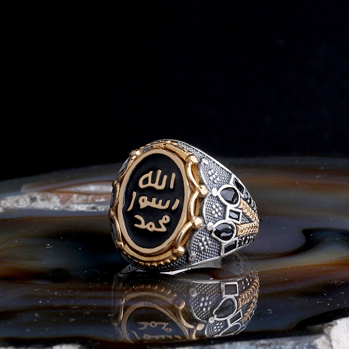  Erkek 925 Ayar Gümüş Yüzük – Muhammed Resulullah Siyah Yazılı Taş