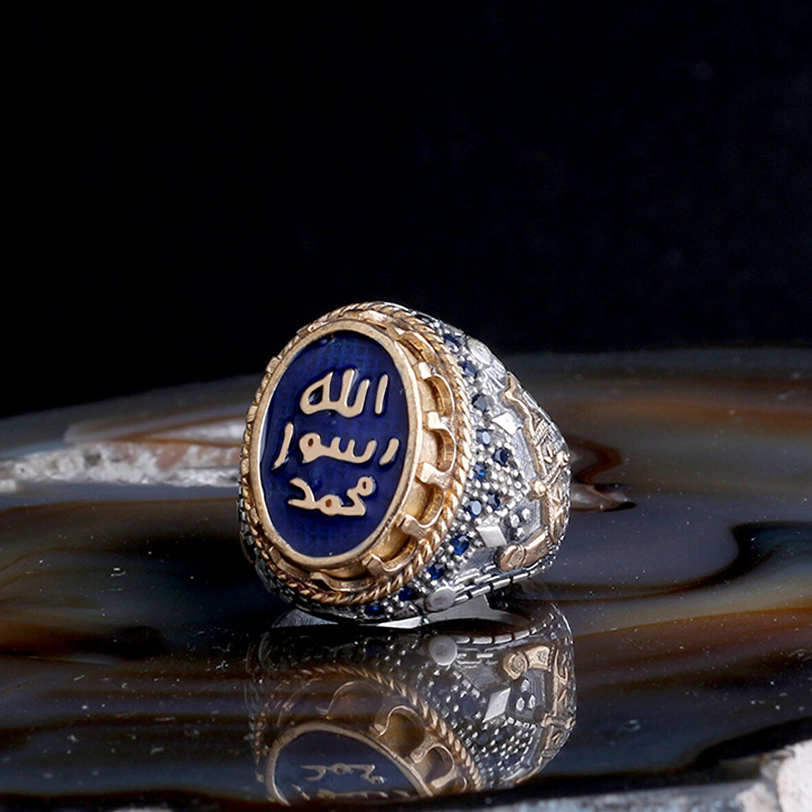 Erkek 925 Ayar Gümüş Yüzük – Muhammed Resulullah Mavi Yazılı Taş