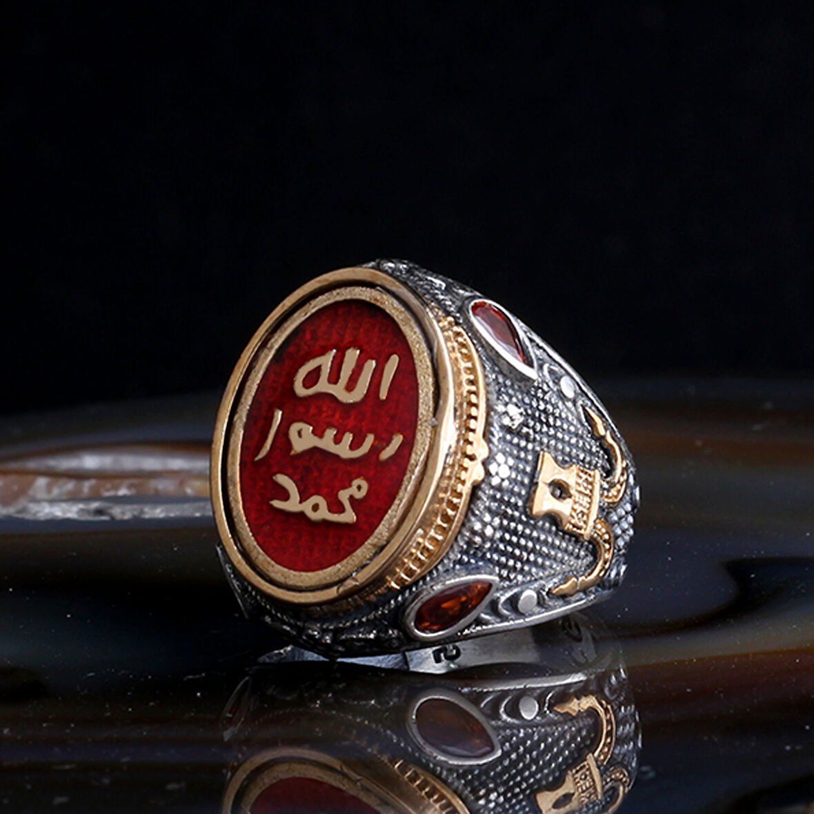 Erkek 925 Ayar Gümüş Yüzük – Muhammed Resulullah Kırmızı Yazılı Taş