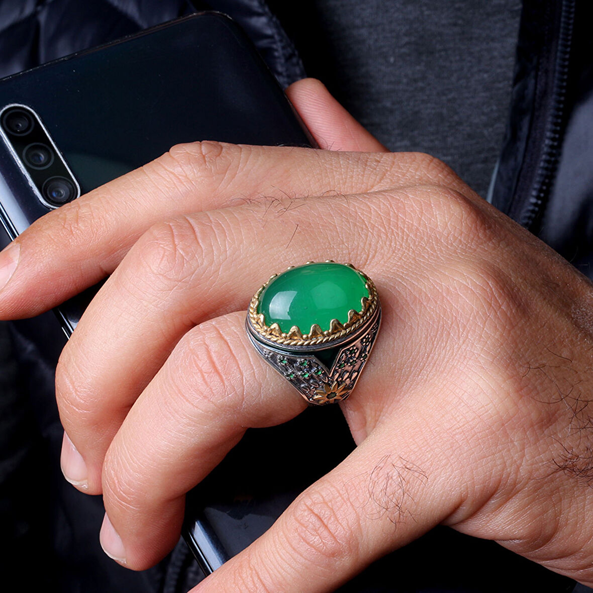 Erkek 925 Ayar Gümüş Yüzük – Osmanlı Esintili Özel Taşlı Yüzük