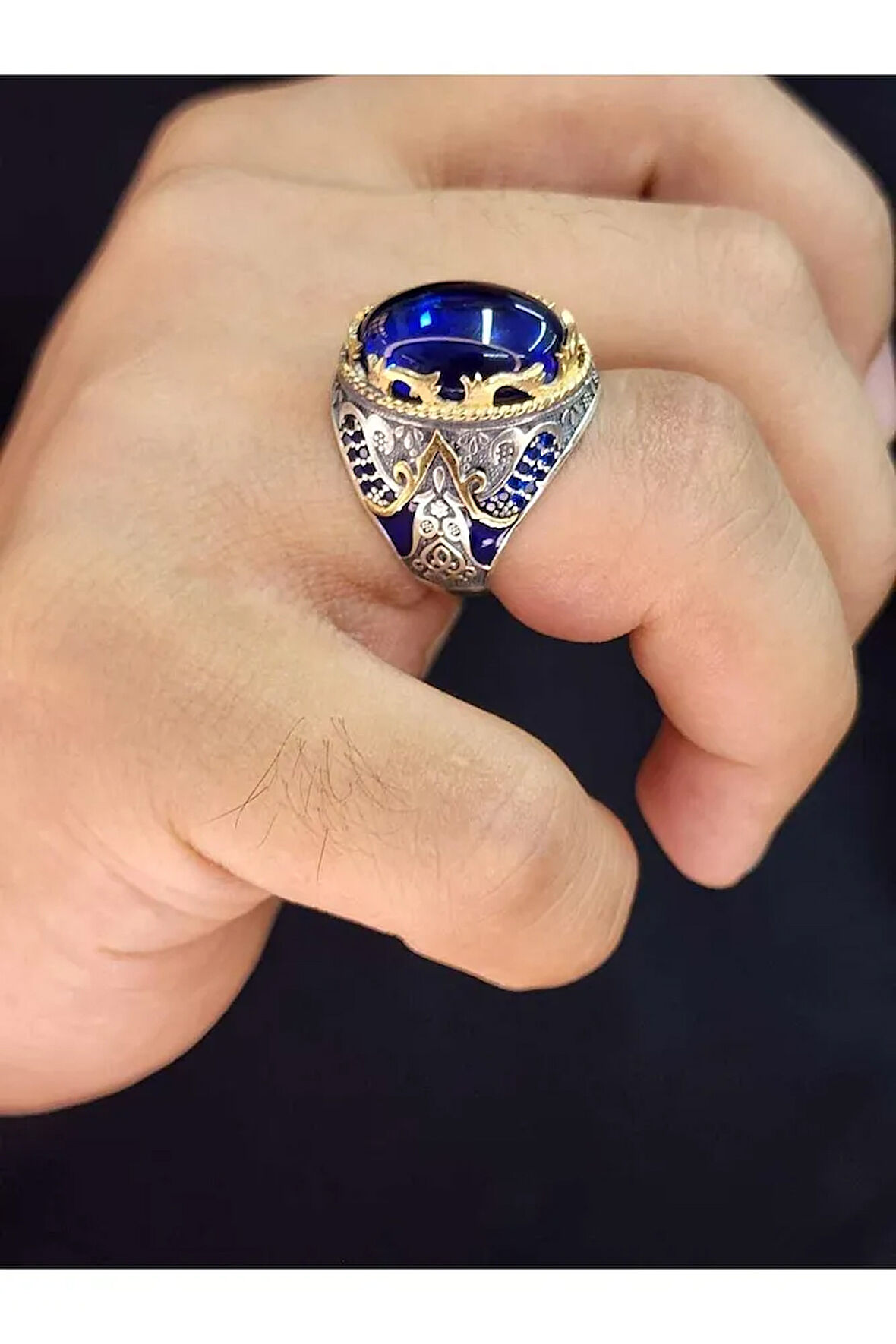 925 Ayar Parlak Safir Taşlı Melek Figürlü Gümüş Erkek Yüzük