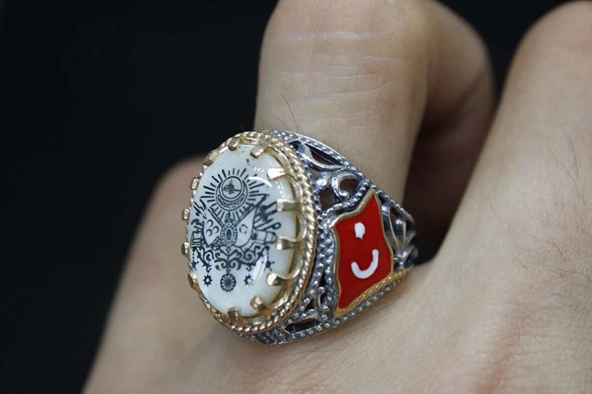 Türk Bayrak İşlemeli Mineli 925 Ayar Erkek Gümüş Yüzük
