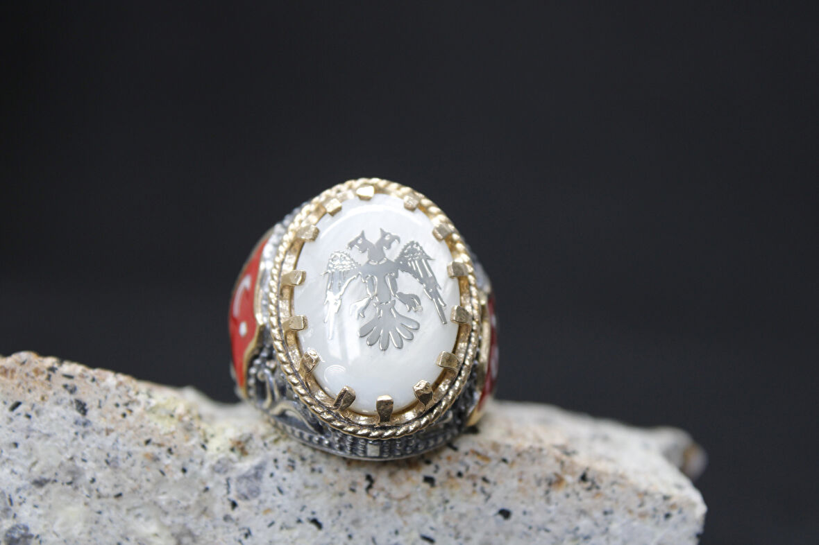 Türk Bayrak İşlemeli Mineli 925 Ayar Erkek Gümüş Yüzük