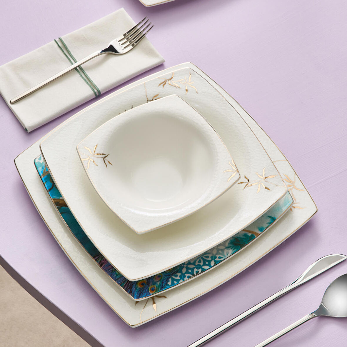 Karaca Fine Pearl Pavo 62 Parça 12 Kişilik Yemek Takımı Kare