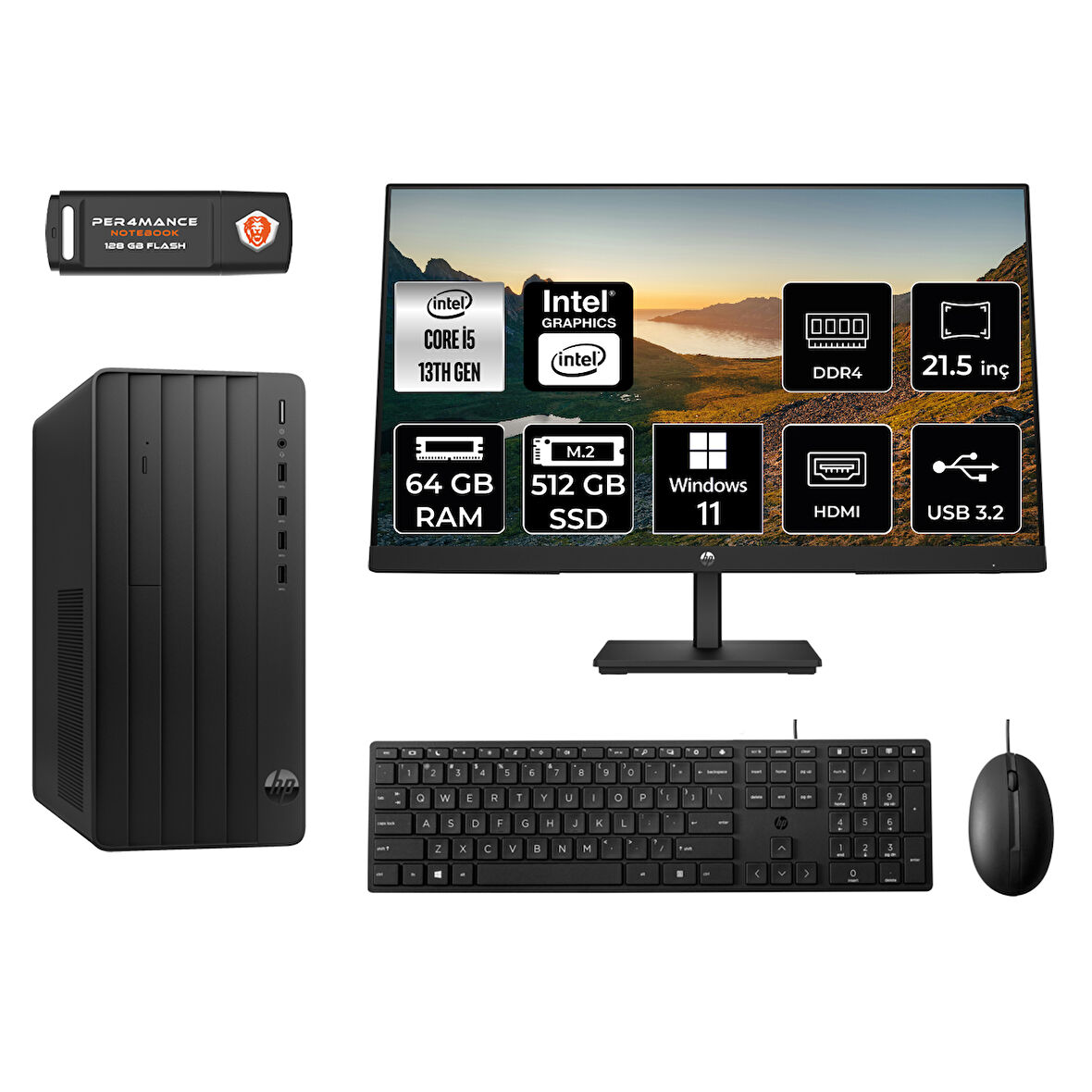 HP PRO TOWER 290 G9 MW9ESD147 i5 13500 64GB RAM 512GB SSD 21.5" W11P MASAÜSTÜ PC