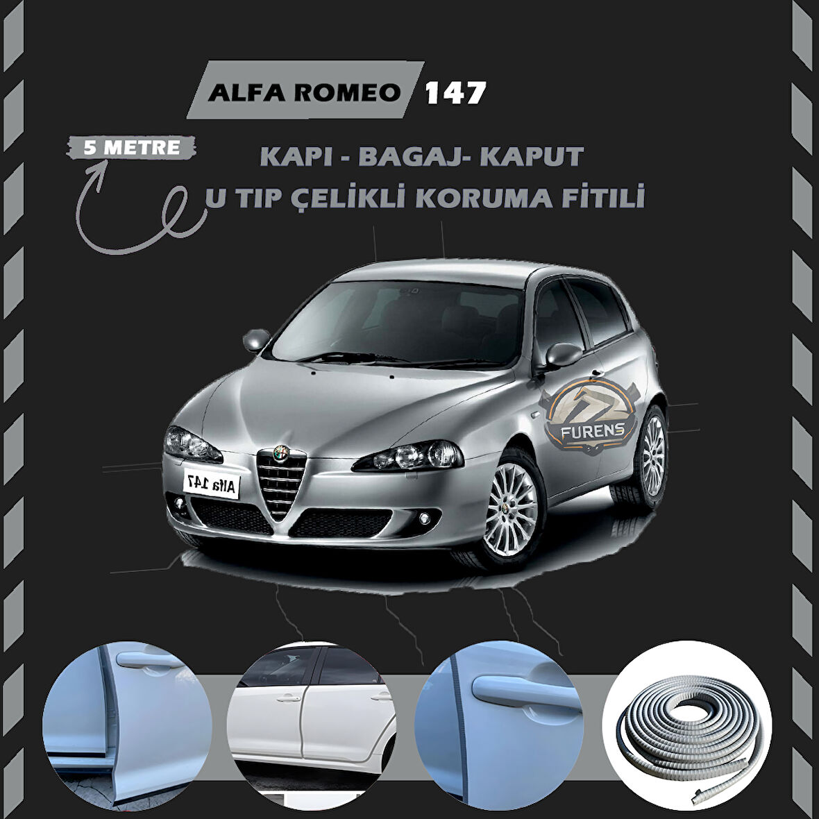 Alfa Romeo 147 Oto Araç Kapı Koruma Fitili 5metre Parlak Gri Renk