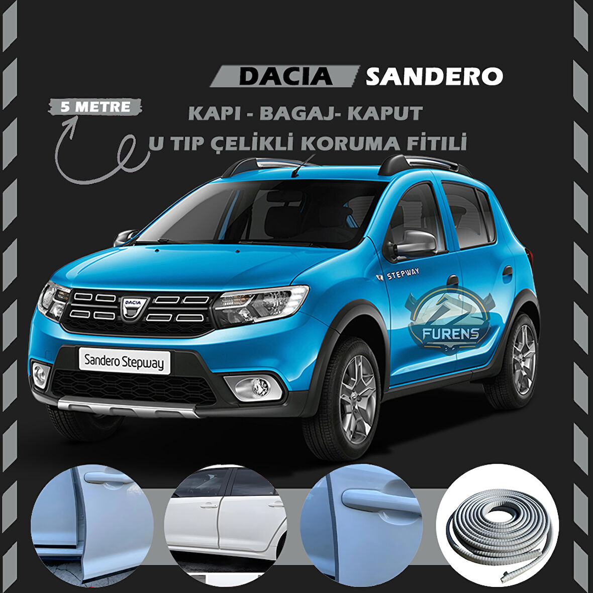 Dacia Sandero Oto Araç Kapı Koruma Fitili 5metre Parlak Gri Renk