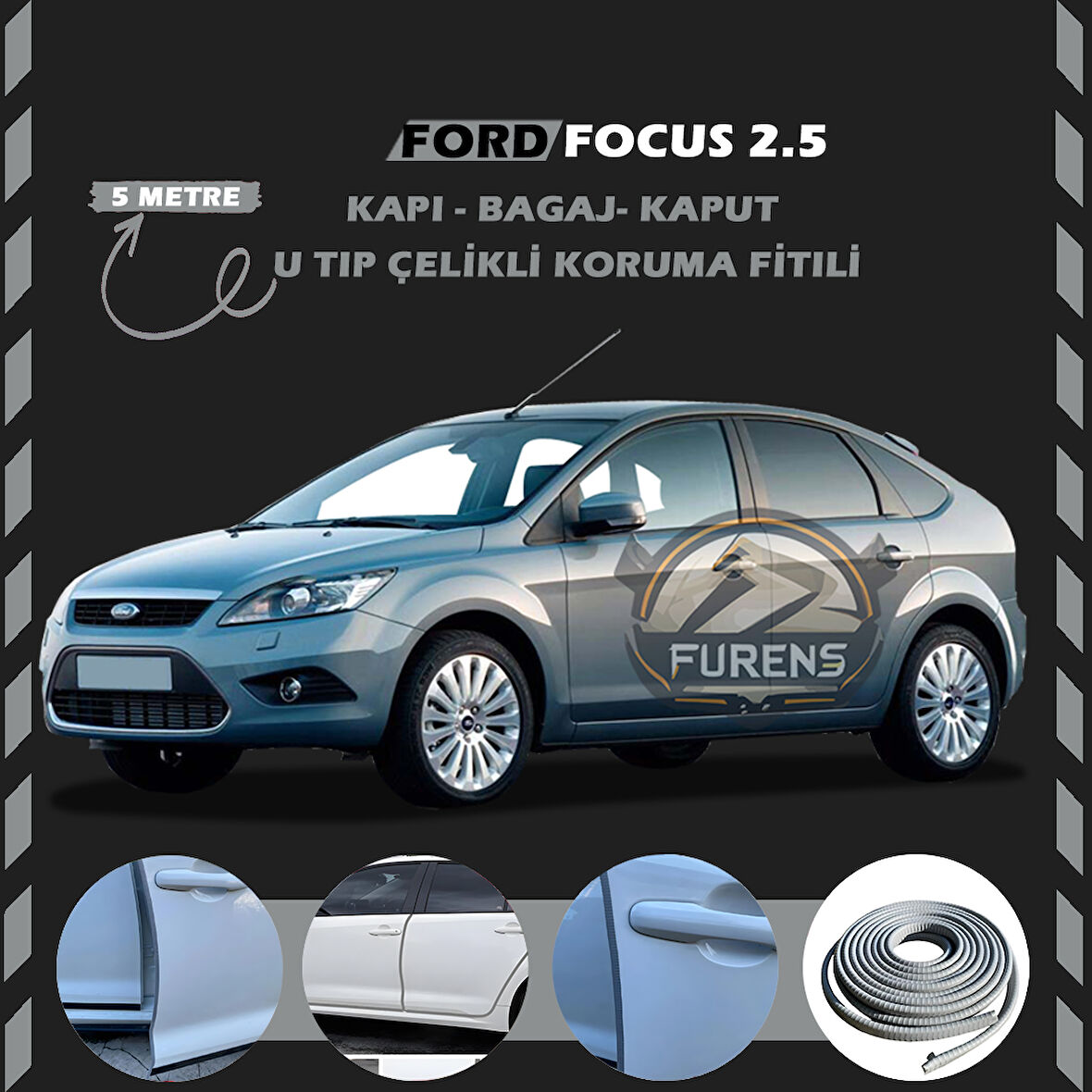 Ford Focus 2.5 Oto Araç Kapı Koruma Fitili 5metre Parlak Gri Renk