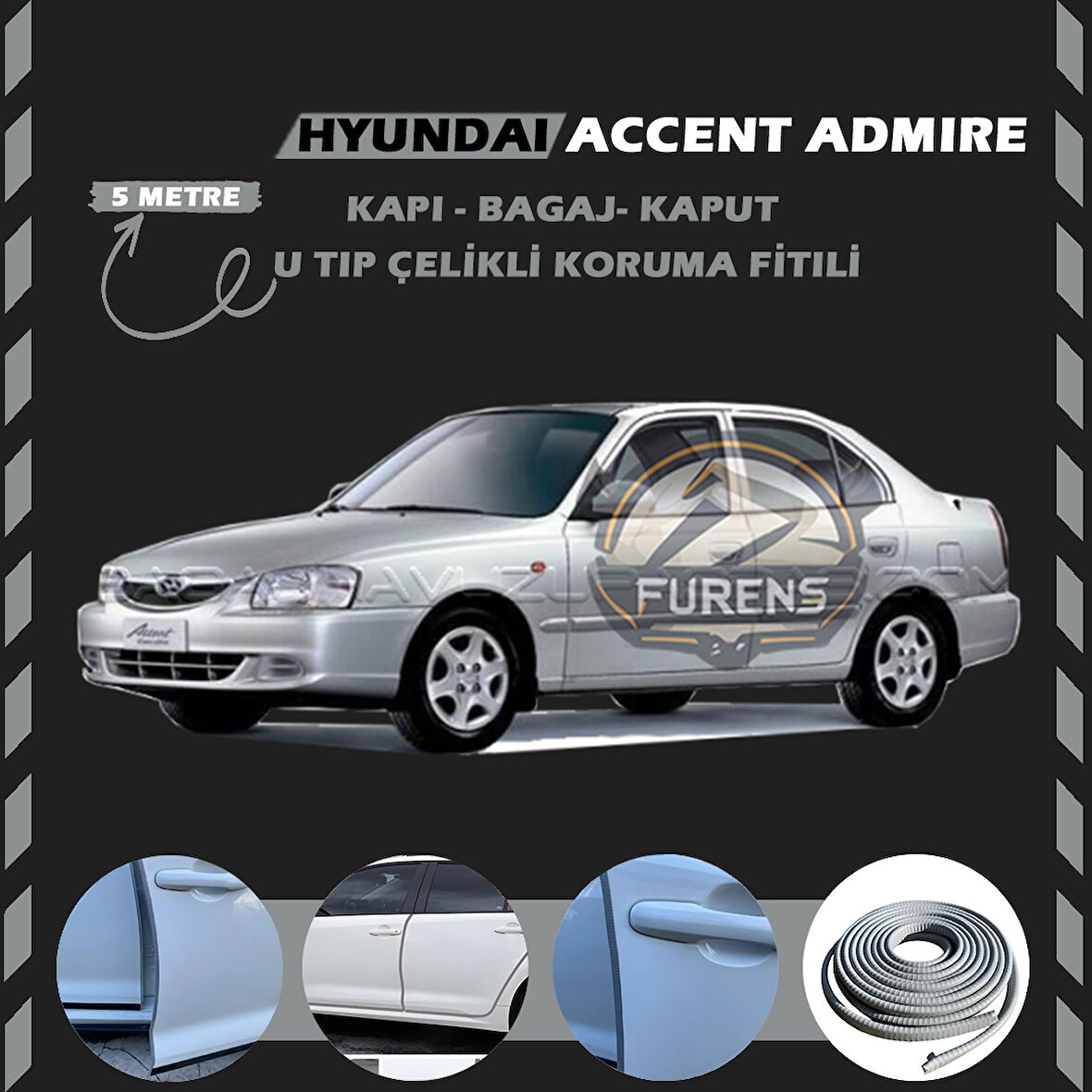 Hyunda Accent Admire Oto Araç Kapı Koruma Fitili 5metre Parlak Gri Renk