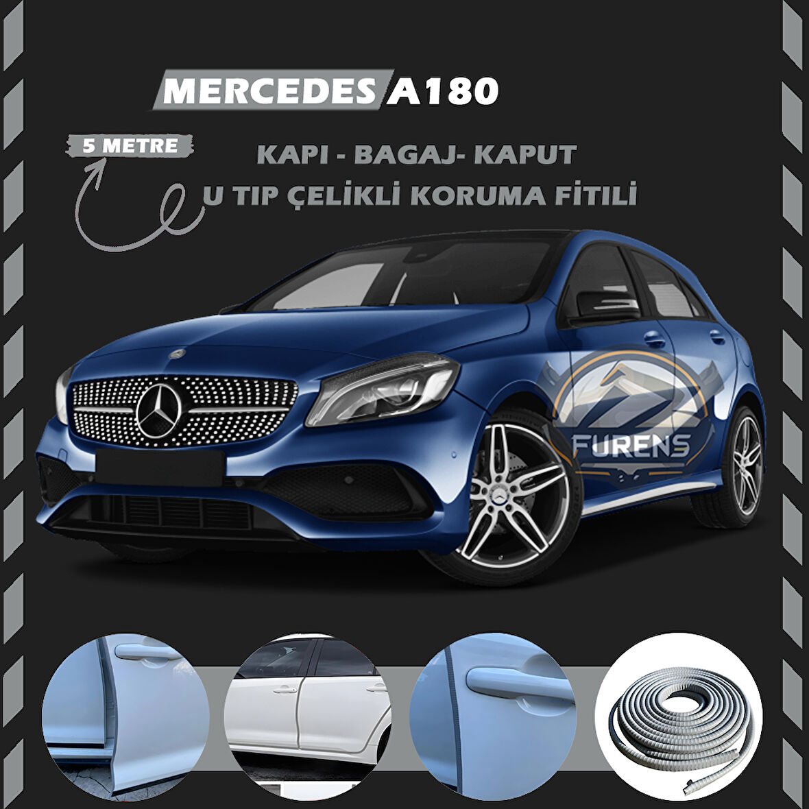 Mercedes A180 Oto Araç Kapı Koruma Fitili 5metre Parlak Gri Renk