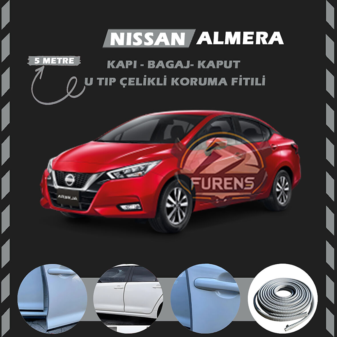 Nissan Almera Oto Araç Kapı Koruma Fitili 5metre Parlak Gri Renk