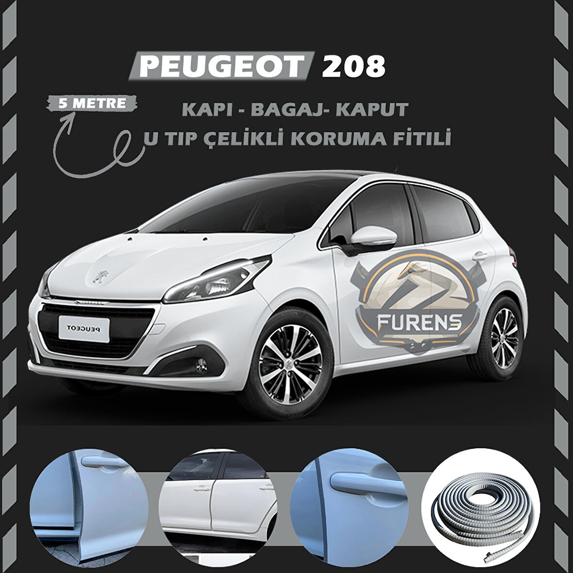 Peugeot 208 Oto Araç Kapı Koruma Fitili 5metre Parlak Gri Renk