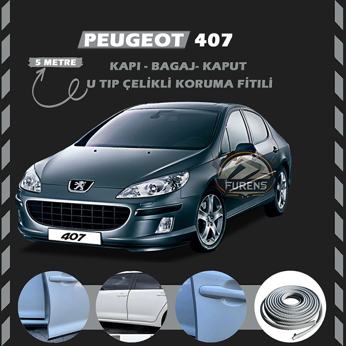 Peugeot 407 Oto Araç Kapı Koruma Fitili 5metre Parlak Gri Renk