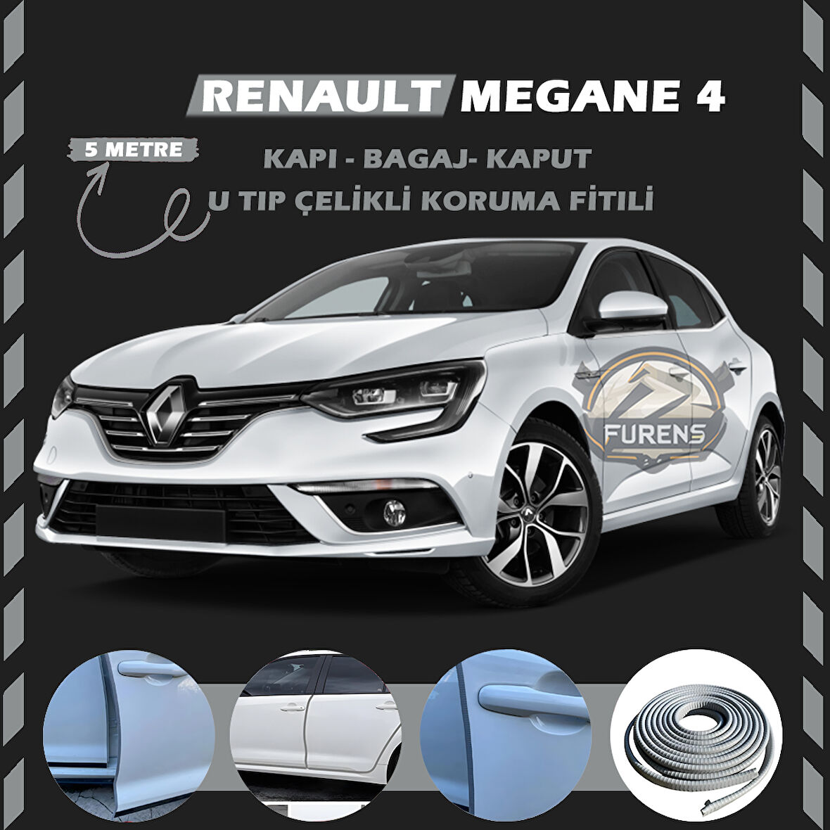 Renault Megane 4 Oto Araç Kapı Koruma Fitili 5metre Parlak Gri Renk