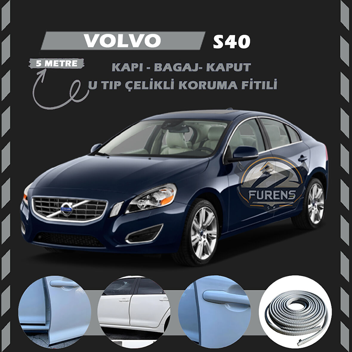 Volvo S40 Oto Araç Kapı Koruma Fitili 5metre Parlak Gri Renk