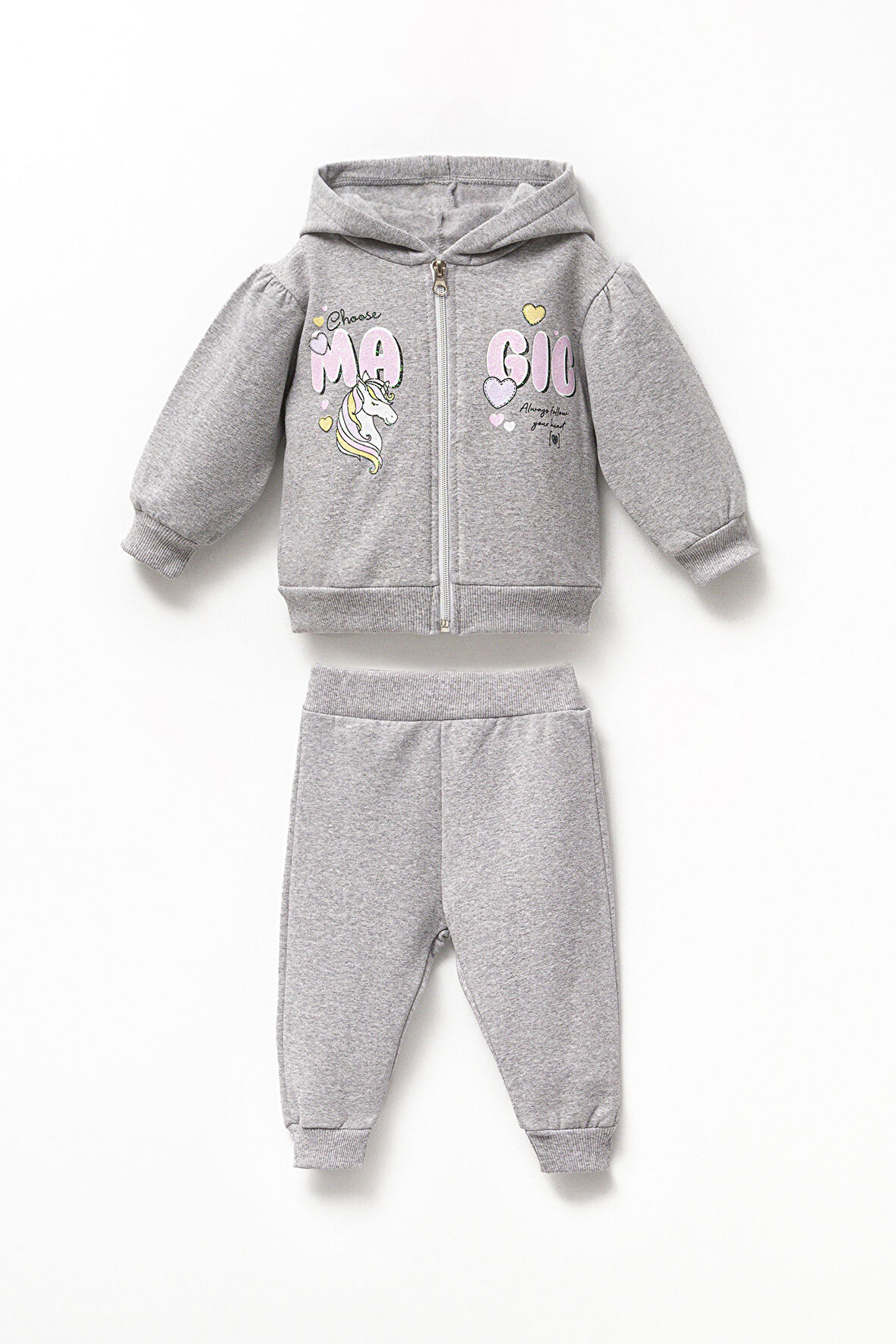 Şardonlu 2 İplik Kız Bebek Fermuarlı Kapşonlu Pamuklu Alt Üst Takım