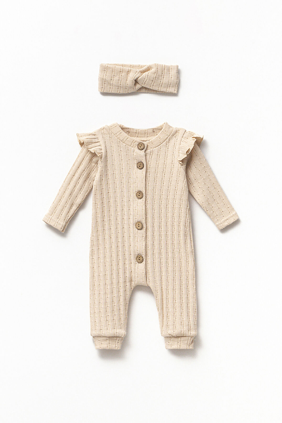 Kız Bebek Pamuklu Uzun Kollu Bandanalı Önden Düğmeli Tulum