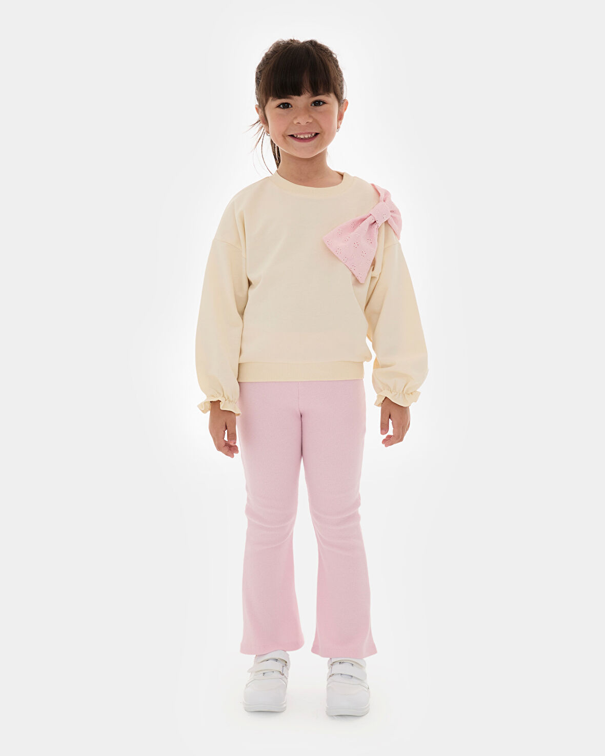 Kız Çocuk Fiyonklu Sweatshirt ve İspanyol Paça Taytlı Pamuklu Alt Üst Takım