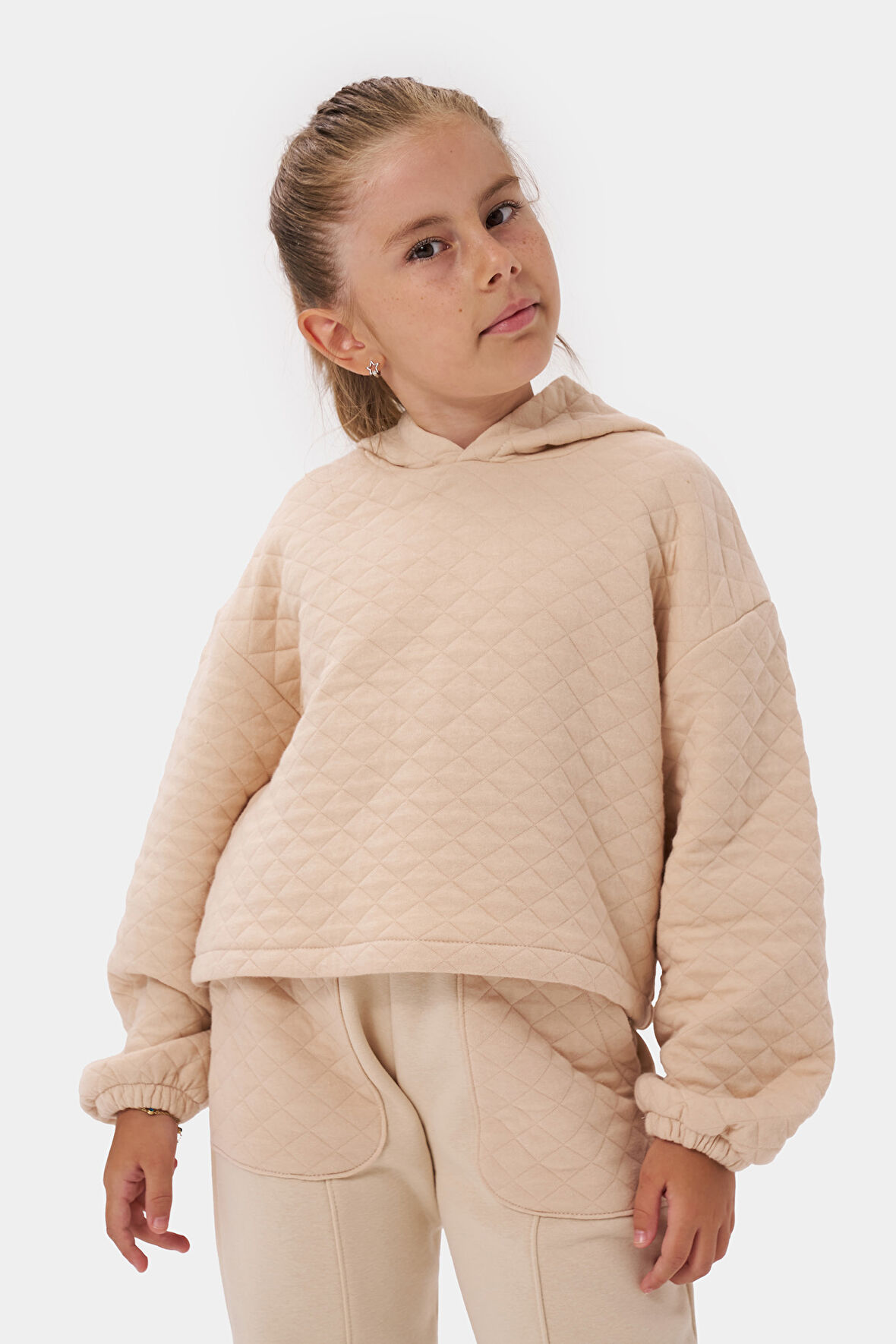 Kız Çocuk Kapşonlu Baskısız Kapitoneli Sweatshirt Eşofman Takımı