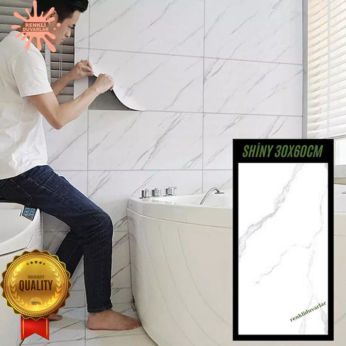 BS1751 Naturel Shiny Yapışkanlı Beyaz Mermer Desen 1 Adet 30x60cm Banyo Mutfak Duvar Döşeme Paneli