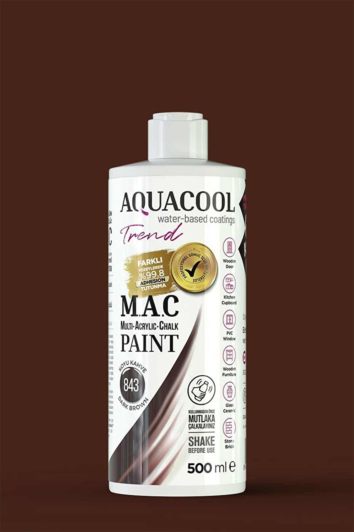 Aquacool Trend M.A.C Su Bazlı Akrilik Dönüşüm Boyası 500 ml. Koyu Kahve 843