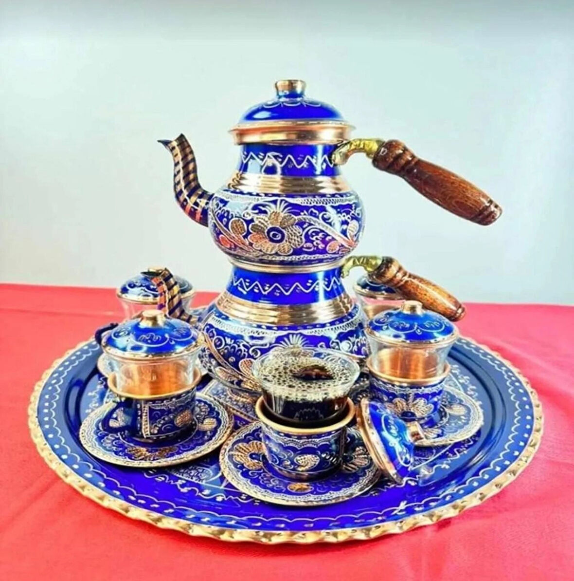 6lı bakır çay bardağı ve çaydanlık set