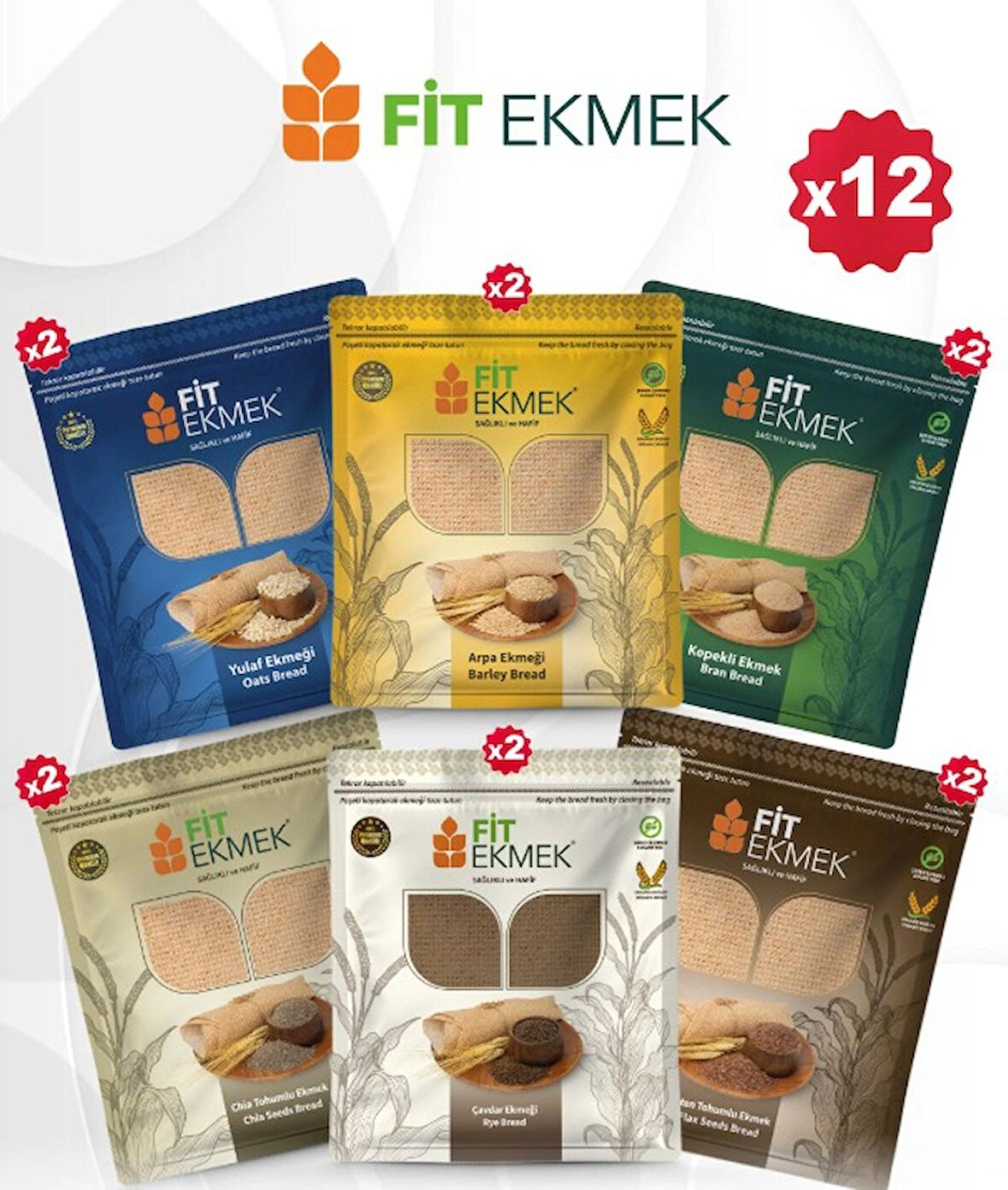 2li Kepekli ,2li Yulafli ,2li Chia ,2li Arpa ,2li Çavdar ve 2li Keten Tohumlu Lavaş Ekmeği 300gr