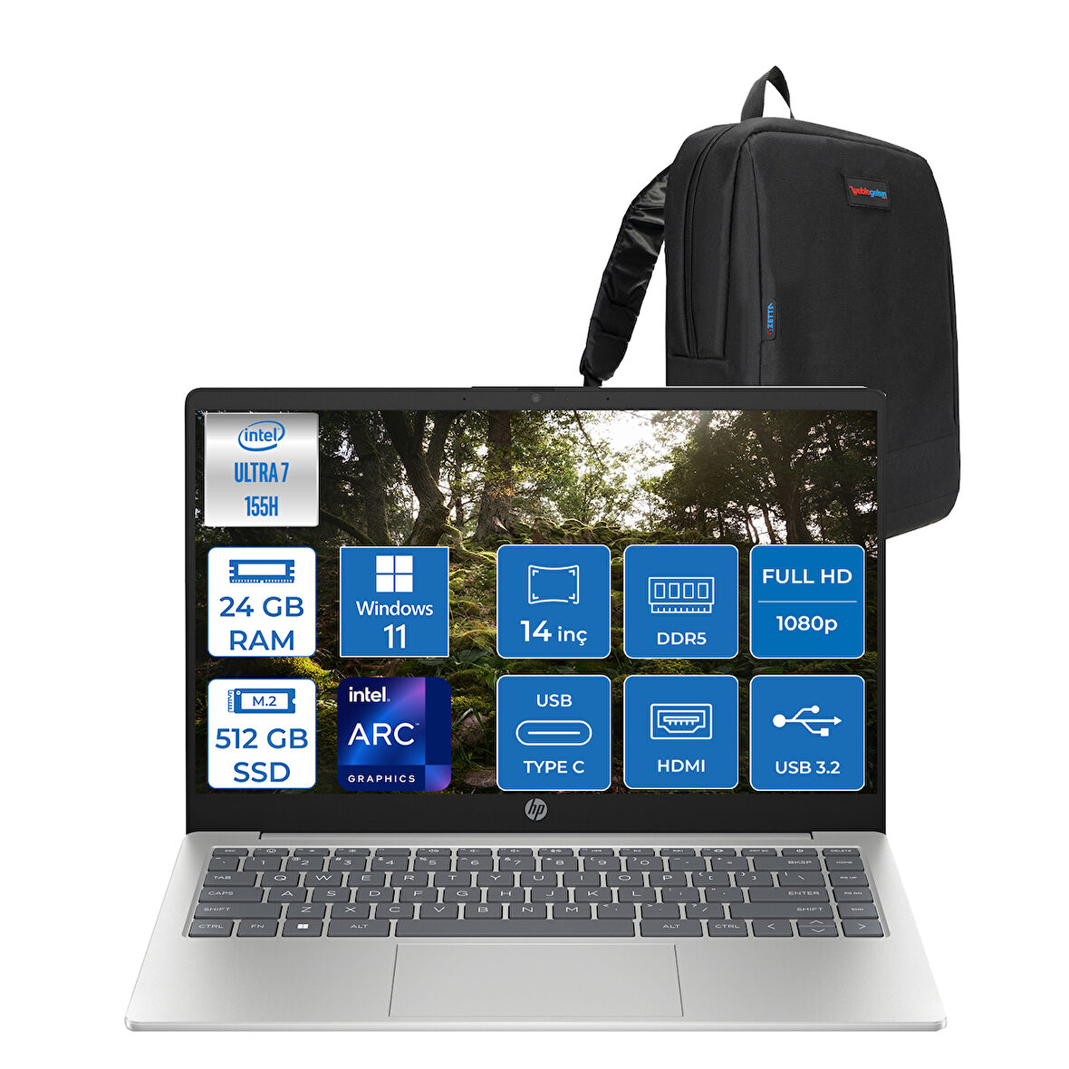 Hp 14-EP1025NT Intel Core Ultra 7 155H 24GB Ddr5 512GB SSD Intel® Aı Boost 14" Fullhd 300NITS IPS Windows 11 Home Taşınabilir Bilgisayar B86B8EAH07 + Zetta Çanta