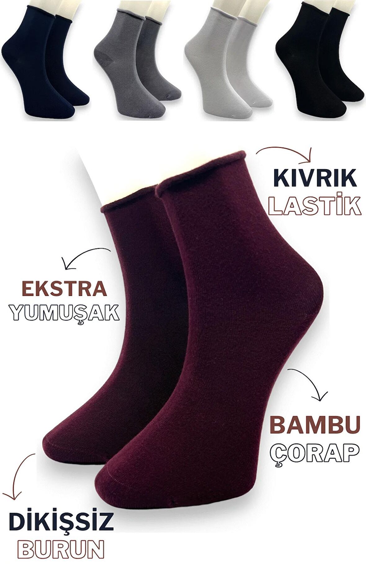 CİHO SOCKS Premium 5 Çift Kadın Lastiksiz Bambu Dikişsiz Soket Çorap