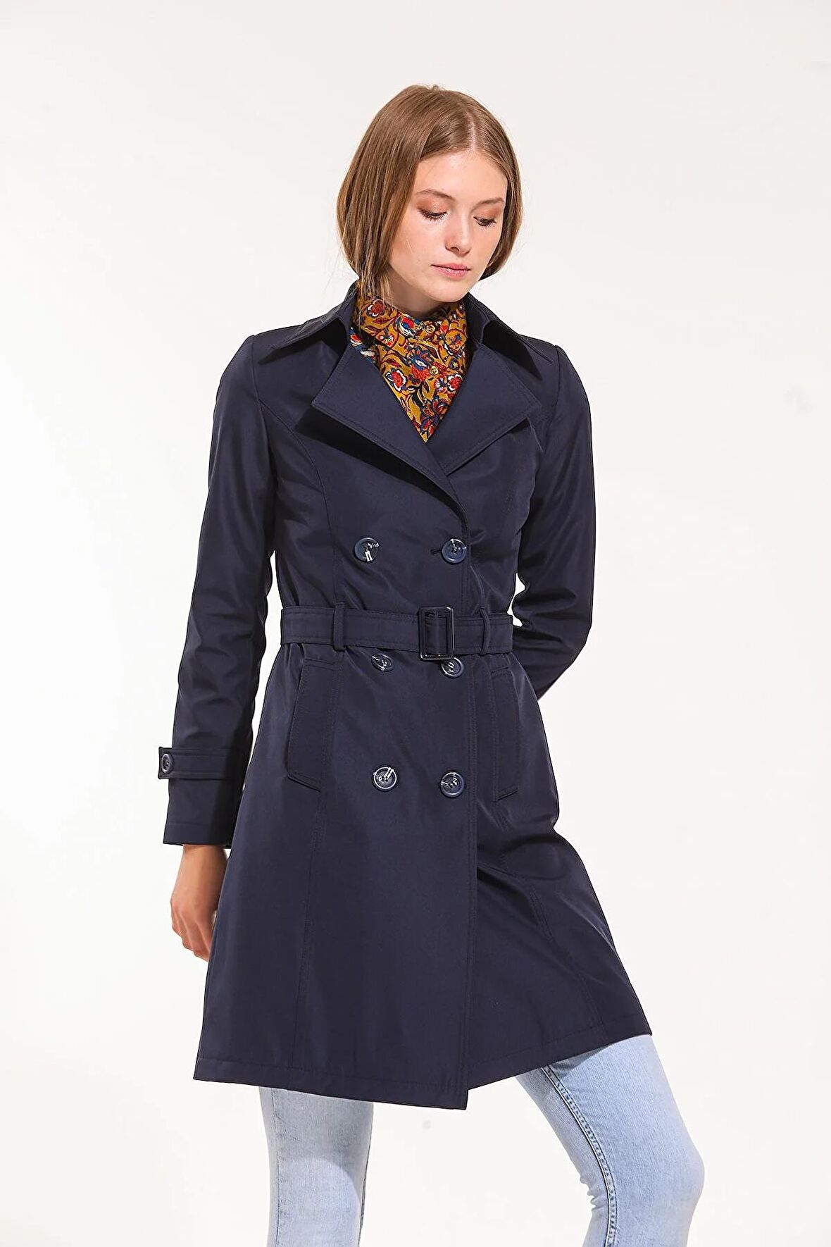 İç Astar Ekose Detaylı Kruvaze Lacivert Trençkot