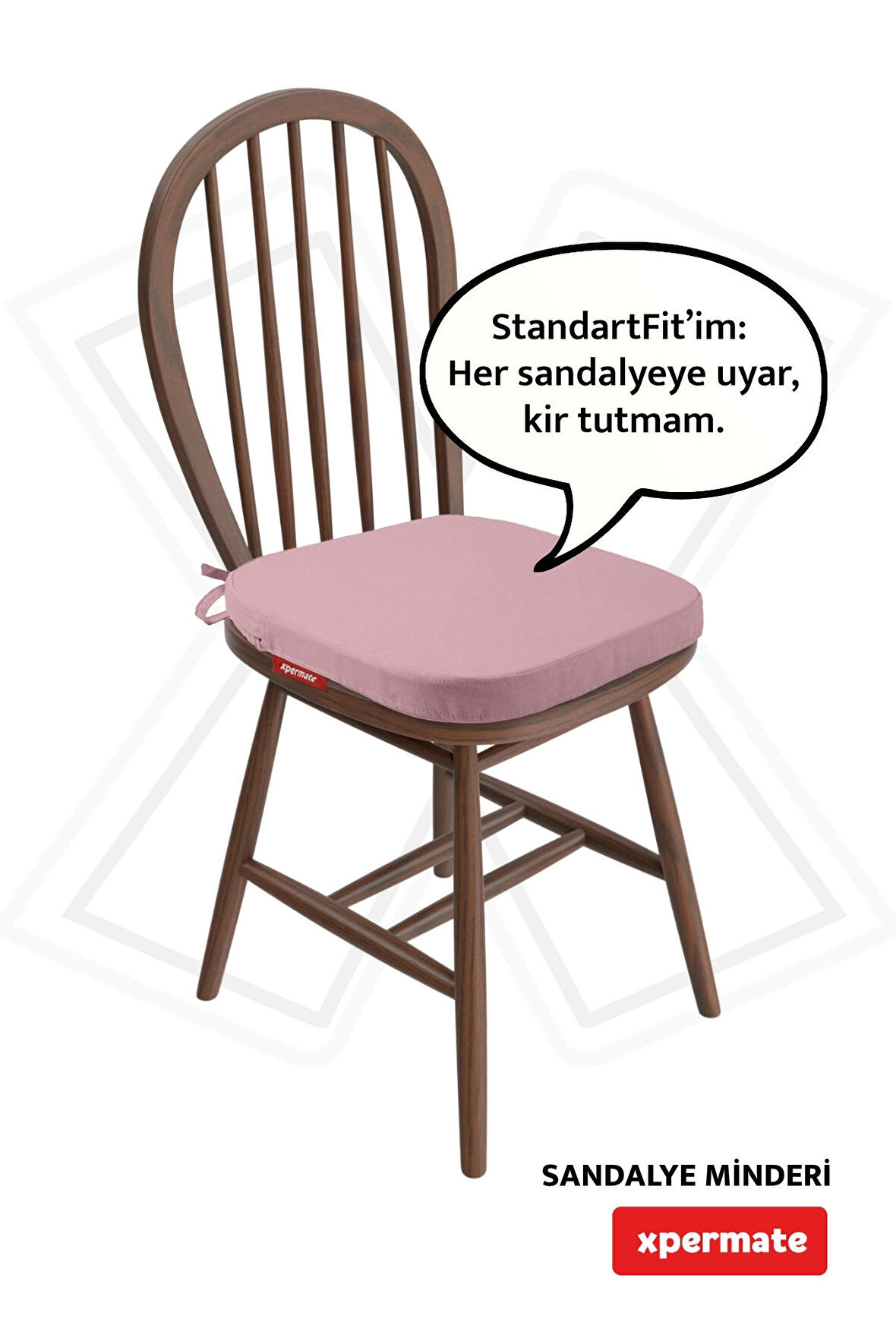 XPERMATE StandartFit Oval Sandalye Minderi Fermuarlı Yıkanabilir Kılıf Bağcıklı Su ve Yağ İtici 42x42x5 Pembe