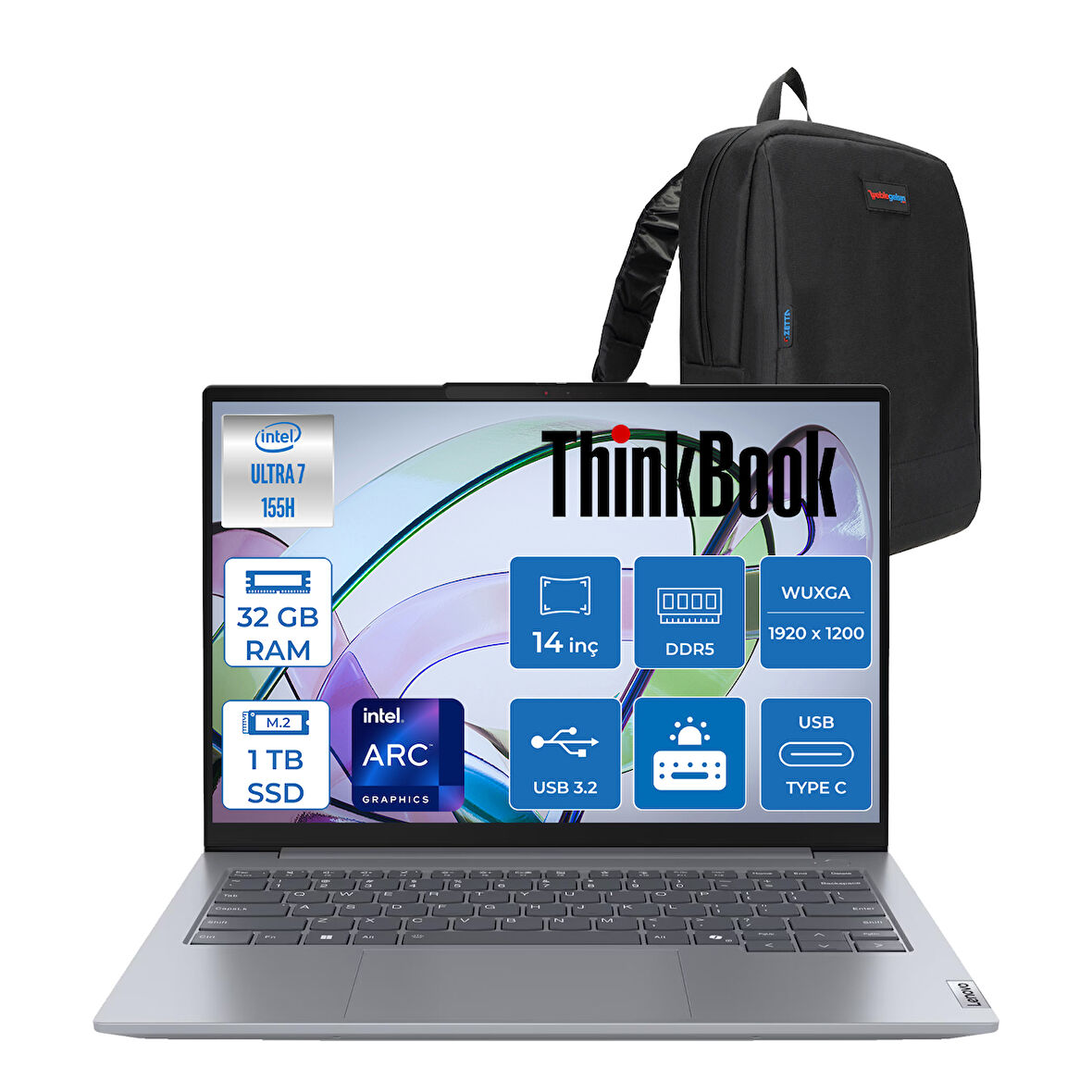 Lenovo Thinkbook 14 G7 Iml Intel Ultra 7 155H 32GB Ddr5 1tb SSD Intel® Aı Boost 14" Wuxga 300NITS IPS Freedos Taşınabilir Bilgisayar 21MR0050TRF13 + Zetta Çanta