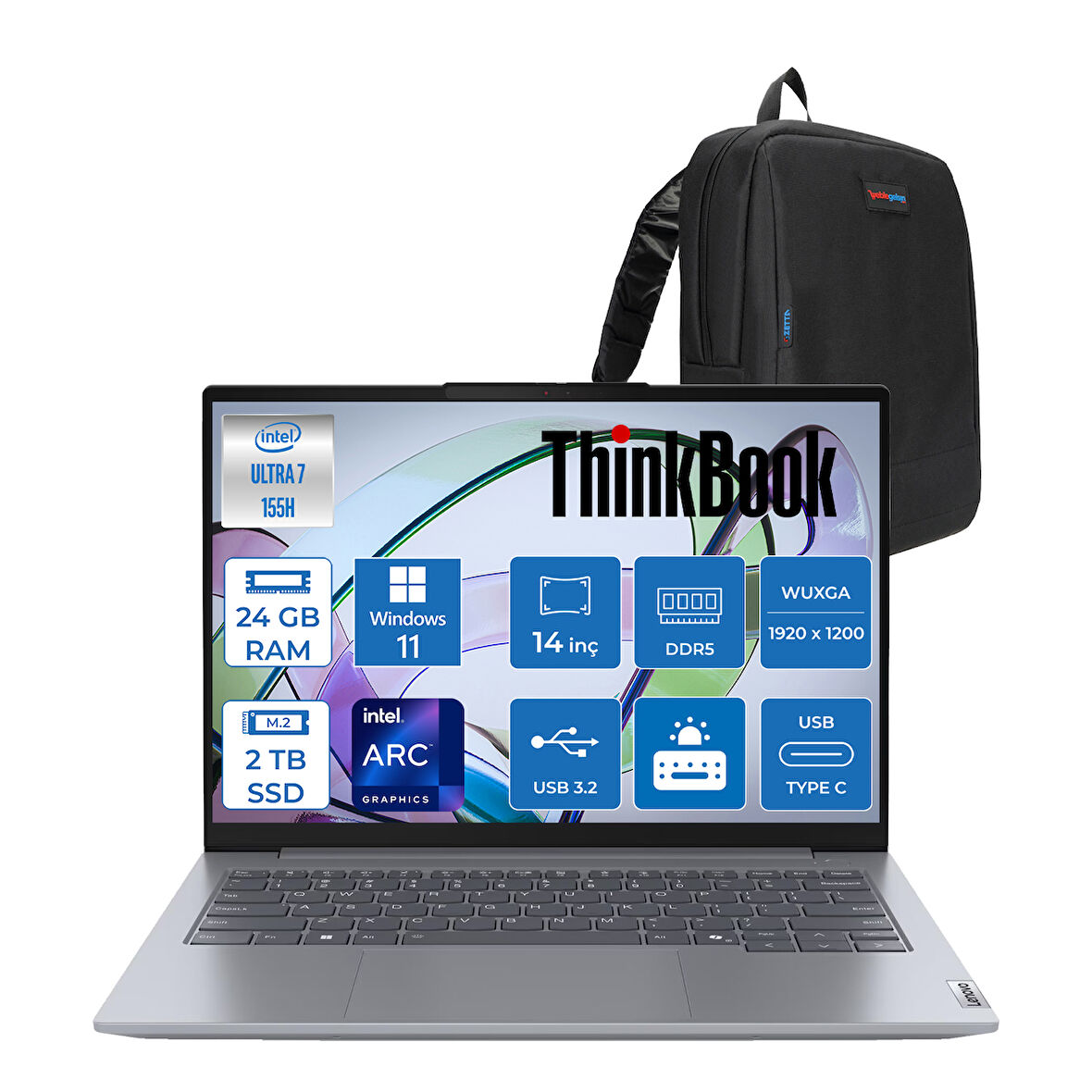 Lenovo Thinkbook 14 G7 Iml Intel Ultra 7 155H 24GB Ddr5 2tb SSD Intel® Aı Boost 14" Wuxga 300NITS IPS Windows 11 Home Taşınabilir Bilgisayar 21MR0050TRH09 + Zetta Çanta
