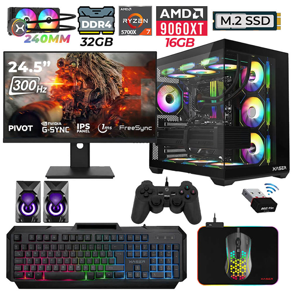 Xaser Nova x50  Ryzen 7 5700X 32GB Ram 1TB M.2 NVMe SSD 16GB RX9060 XT Sıvı Soğutmalı 24.5" 300Hz Oyuncu Tavsiye sistem