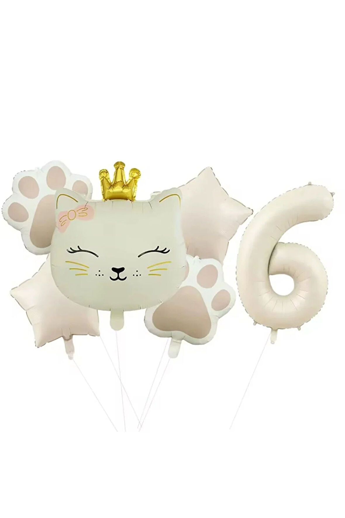 KREM RENK PATİ FOLYO BALON TAÇLI KEDİ YAŞ BALON SET