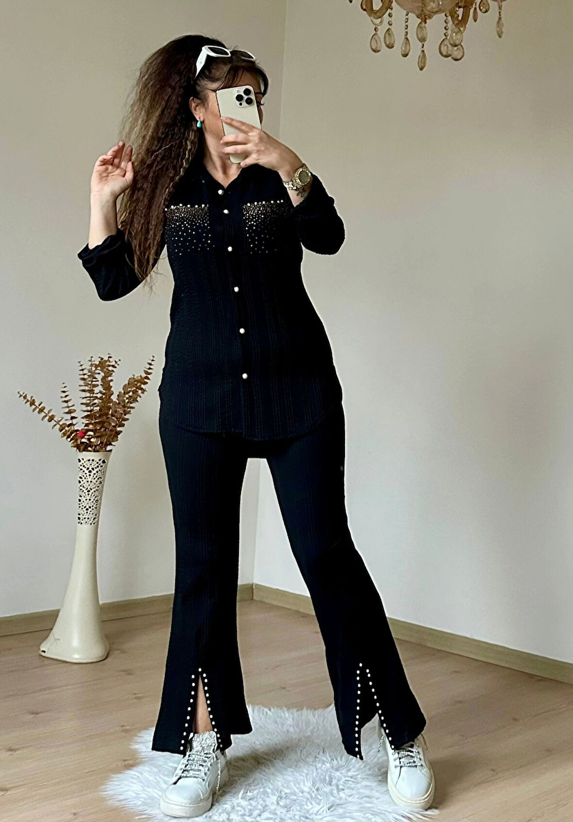 Yaka Taşlı Paça Detaylı Takım Siyah