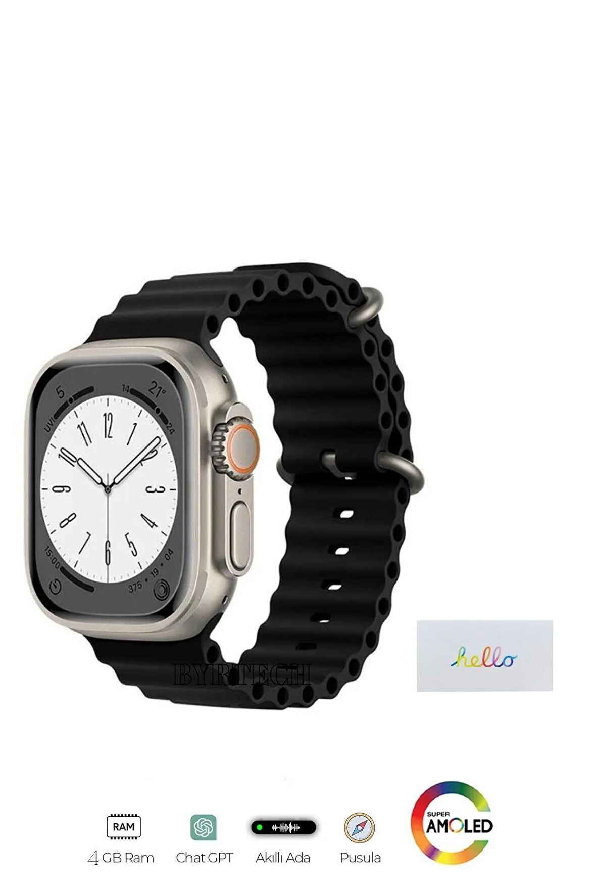Hello Watch 3 H12 Ultra 4GB Hafıza ve Aksesuar Bağlantılı Amoled Ekran Watch 8 Ultra Max Akıllı Saat