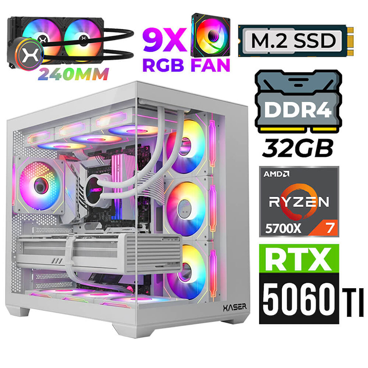 Xaser Nova X70 Ryzen 7 5700X 32GB Ram 2TB M.2 NVMe SSD 16GB RTX5060 Ti Sıvı Soğutmalı Oyuncu Tavsiye sistem