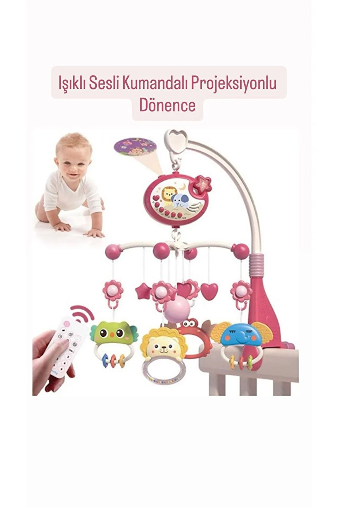 Pilli Işıklı Müzikli Projektörlü Kumandalı Sabitlemeli Dönence Çıngıraklı Dişlikli Bebek Yatıştırıcı
