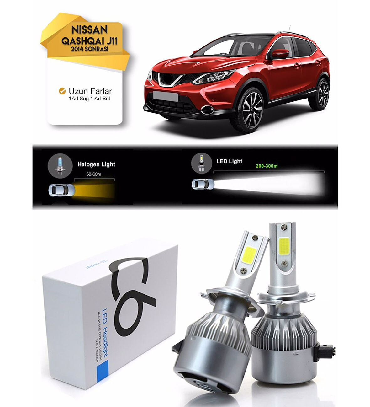 Nissan Qashqai J11 Uzun Far Led Xenon Şimşek Etkili 2014 Üzeri