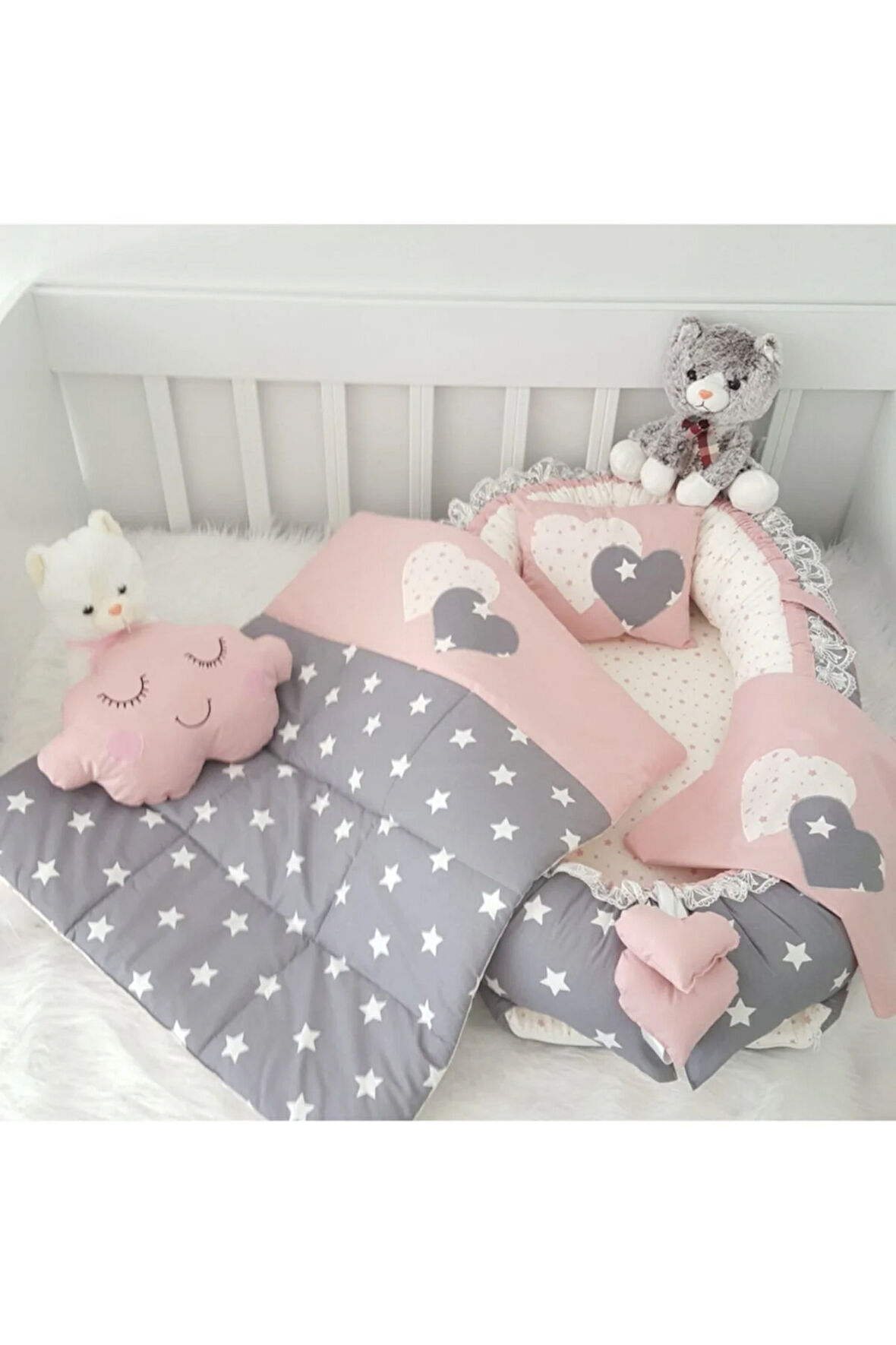 Nest Gri Pudra Yıldızlı Jaju-babynest Anne Yanı Bebek Yatağı Yıldız Set