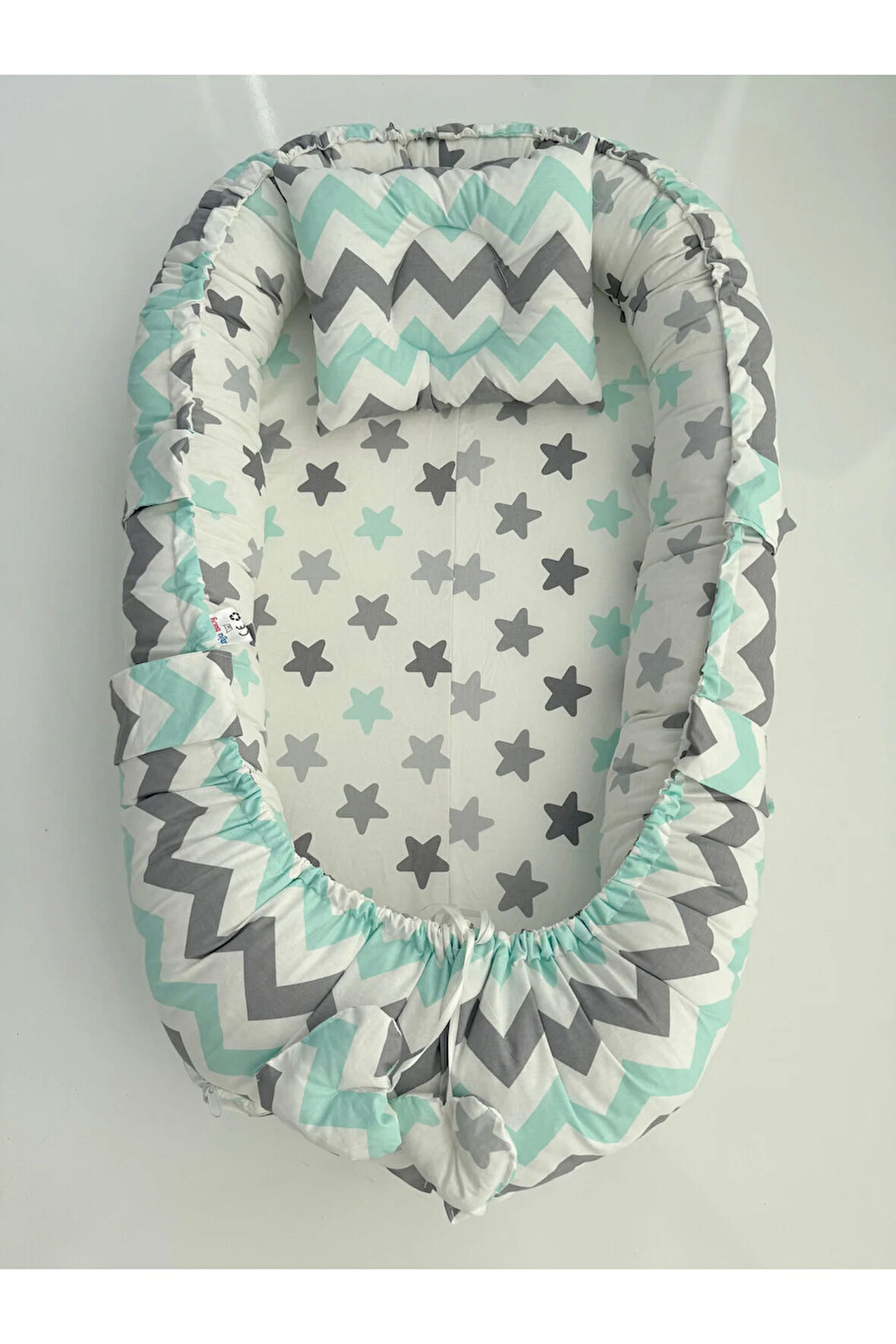 Yeşil Gri Zikzak Ve Yıldız Desen Kumaş Anne Yanı Babynest Çift Taraflı Baby Nest