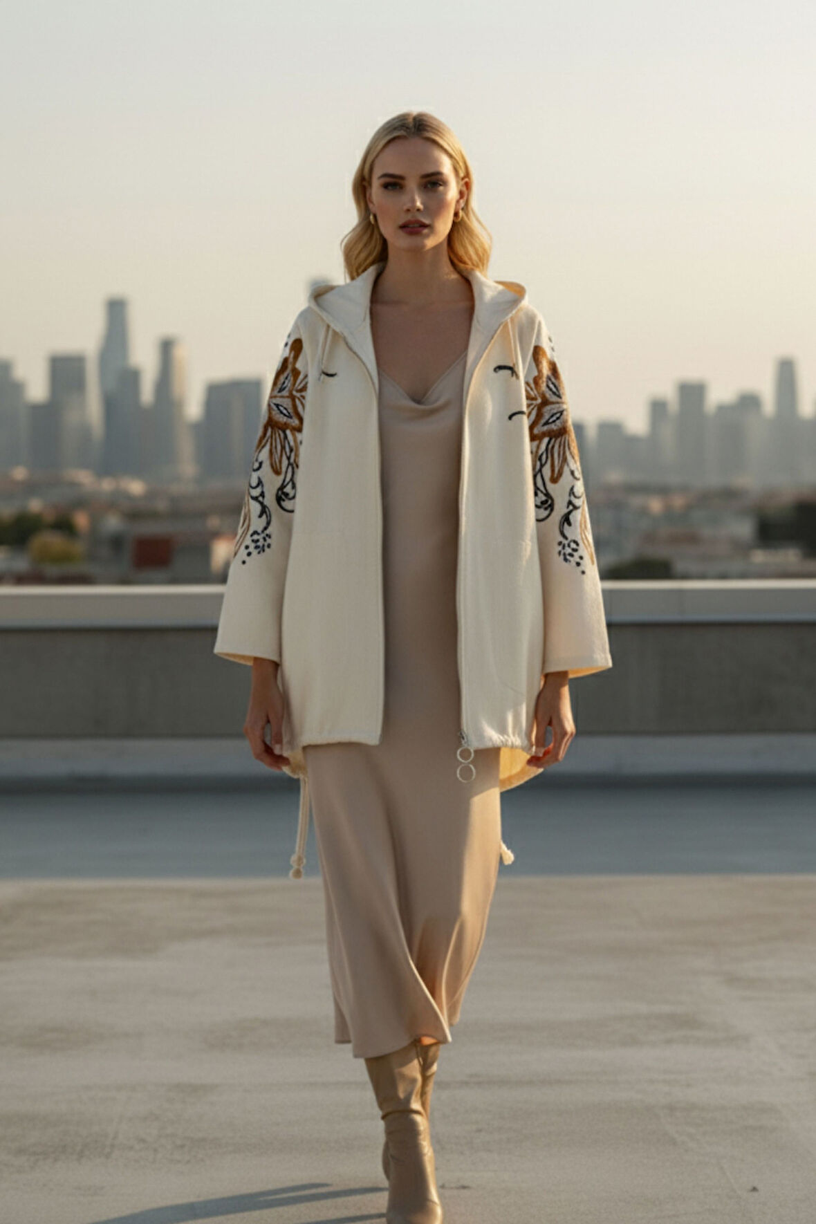 Kadın Krem Kapüşonlu Fermuarlı Etnik Desen Detaylı Oversize Ceket – Çiçek Desenli Şık Kadın Ceket 