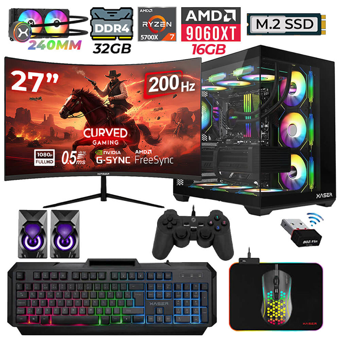 Xaser Nova x40  Ryzen 7 5700X 32GB Ram 1TB M.2 NVMe SSD 16GB RX9060 XT Sıvı Soğutmalı 27" 200Hz Oyuncu Tavsiye sistem